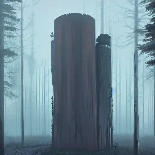 Image similar to monumental old ruins tower of a dark misty forest, overcast, sci - fi digital painting by simon stalenhag