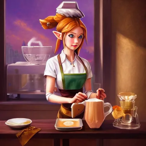 Image similar to Zelda as a cafe waitress pouring coffee into a customer's cup, amazing, beautiful, perfect eyes, full body shot, portrait, vivid colors, elegant, concept art, sharp focus, digital art, Hyper-realistic, 4K, Unreal Engine, Highly Detailed, HD, Dramatic Lighting by Brom, trending on Artstation
