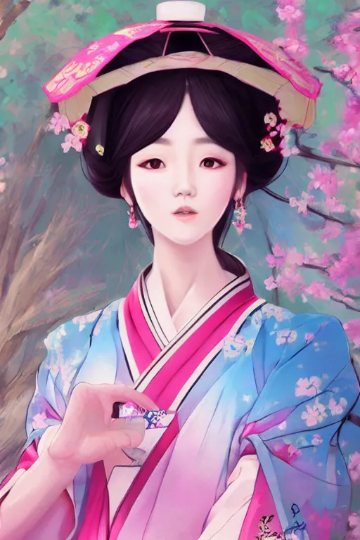 Prompt: pretty korean woman wearing beatiful hanbok, face by artgerm, bright pastel colors, studio ghibli painterly style, trending on artstation, tarot card