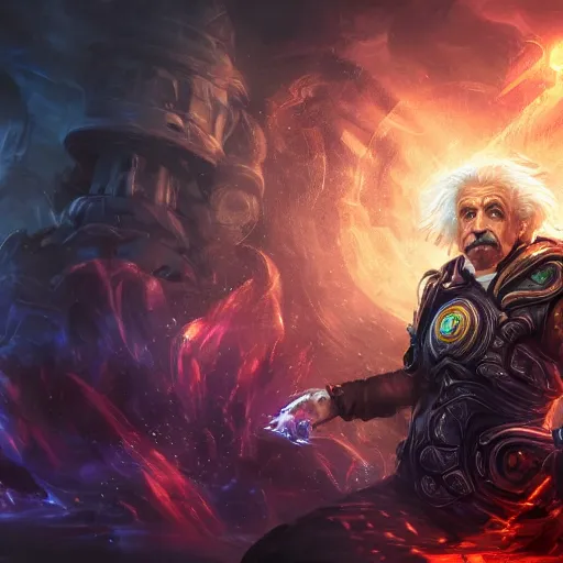 Image similar to portrait of albert einstein as a spellcaster, league of legends amazing splashscreen artwork, gears of war, splash art, natural light, elegant, photorealistic facial features, intricate, fantasy, detailed face, atmospheric lighting, anamorphic lens flare, cinematic lighting, league of legends splash art, hd wallpaper, ultra high details by greg rutkowski