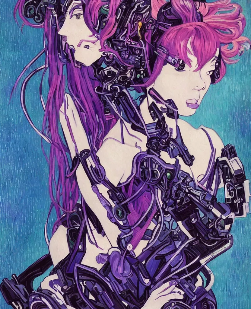 Image similar to A beautiful painting of a cyberpunk anime girl with purple hair and an a huge robot arm sensual stare, augmentations and cybernetic enhancements neon circuits, Painted by Vincent Van Gogh 8k highly detailed ❤️‍🔥 🔥 💀 🤖 🚀