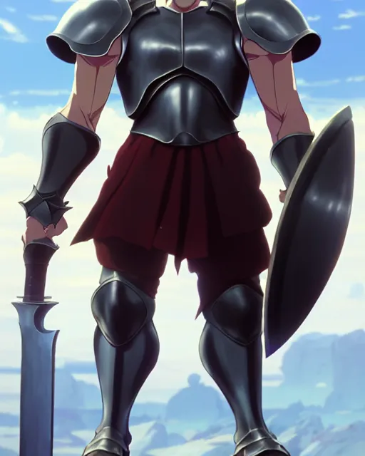 Image similar to strong muscular warrior with a greatsword and fully clad in plate armor, square masculine jaw, short messy hair, intimidating appearance, 3 d octane render, unreal engine 5, ultra high detail, cel shaded, trending on pixiv fanbox, by greg rutkowski makoto shinkai takashi takeuchi studio ghibli, akihiko yoshida