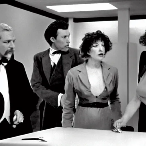 Image similar to film still, Martin Heidegger, George Lucas and Sarah Bernhardt in American Psycho