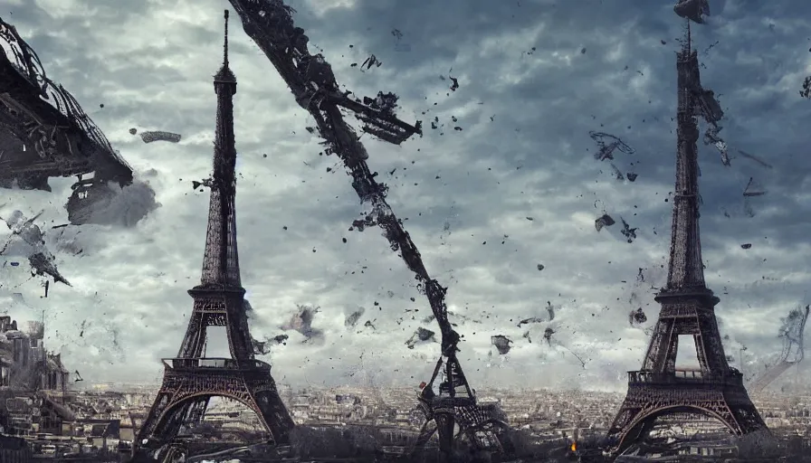 Prompt: Paris destroyed with the Eiffel Tower leaning, hyperdetailed, artstation, cgsociety, 8k