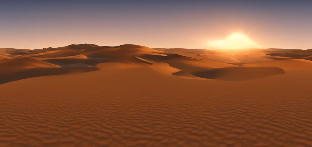 Prompt: epic view of african sand dunes at sunset, clear skies, unreal engine, dramatic lighting, detailed, ambient occlusion, global illumination, god rays, 3 d artstation render by greg rutowski and jessica rossier