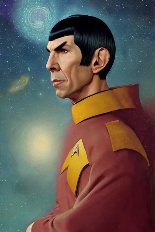 Image similar to photorealistic portrait photograph of spock as a glorious regal space king, sleek outfit, upper body, fantasy, handsome, depth of field, soft focus, highly detailed, intricate, realistic, national geographic cover, soft glow, textured, artstation, concept art, sharp focus, illustration, art by artgerm and greg rutkowski and alphonse mucha