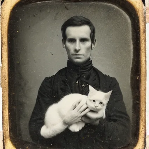 Prompt: a daguerreotype of a man in uniform, holding a kitten.