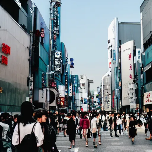 Prompt: street of tokyo with crowd statues of people