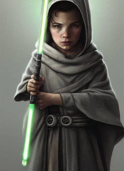 Image similar to perfectly - centered - portrait of a kid wearing grey cloak holding light saber, intricate, highly detailed, digital painting, artstation, concept art, smooth, sharp focus, illustration, unreal engine 5, 8 k, art by artgerm and greg rutkowski and alphonse mucha