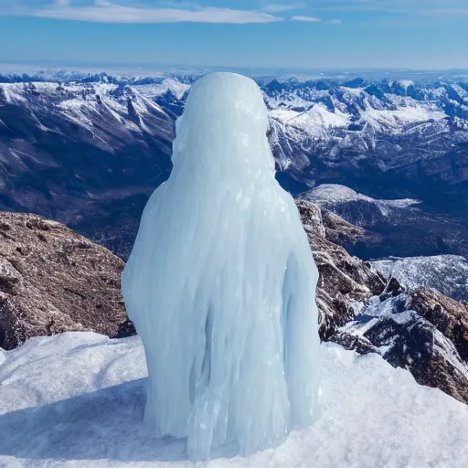 Image similar to an old man made of ice sitting on a throne on the top of a mountain, 8 k, high quality