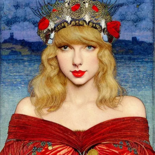 Image similar to taylor swift is a beautiful blonde young woman wearing an elaborate jeweled headdress with poppies dreamlike portrait by frank cadogan cowper, carlos schwabe, william morris, edmund dulac, and alphonse mucha, beautiful refined hyperdetailed dreamscape