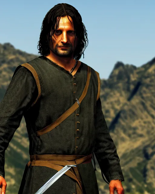 Image similar to Aragorn from Lord of the rings in GTA V, Cover art by Stephen Bliss, boxart, loading screen, 8K resolution