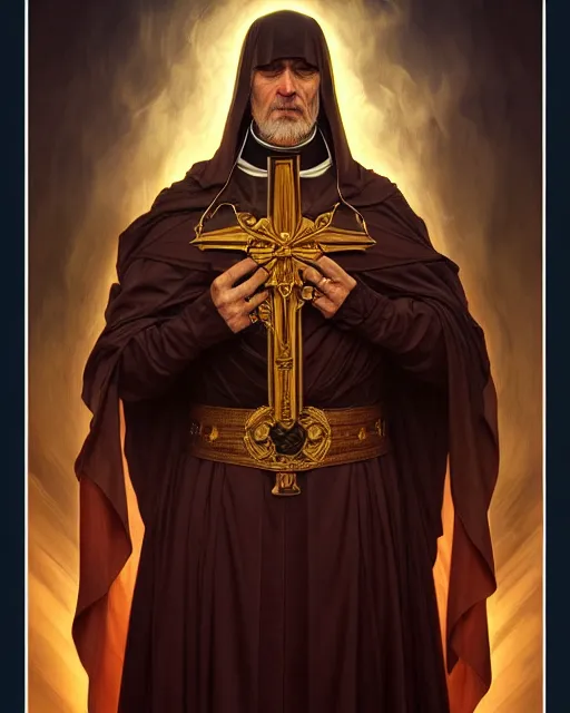 Image similar to realistic portrait of a nasty bishop, cross, evil, heroic pose, beautiful face, bible, full body, dramatic lighting, intricate, wild, highly detailed, digital painting, artstation, concept art, smooth, sharp focus, illustration, art by artgerm and greg rutkowski and alphonse mucha, footage from space camera