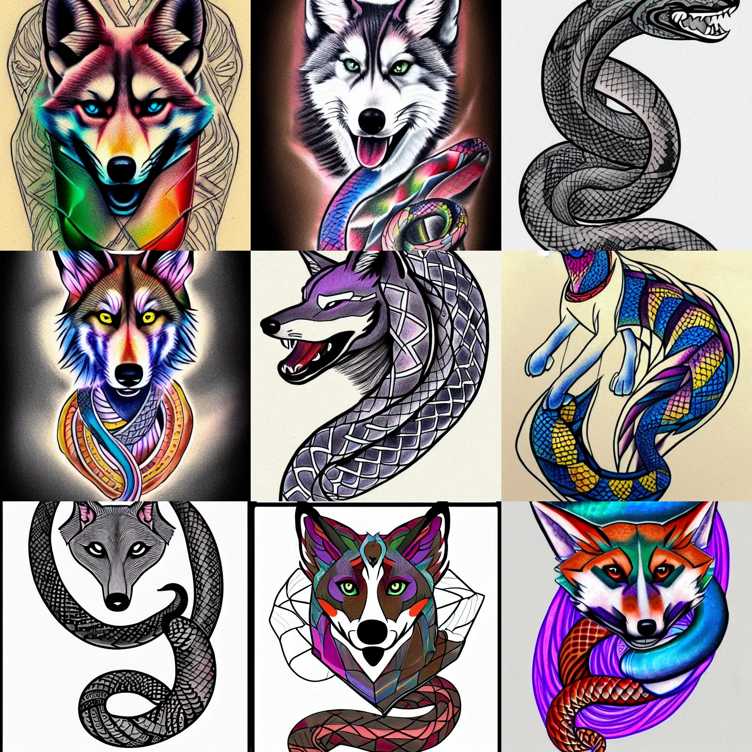 Prompt: colored snake - husky - fox - hybrid tattoo concept art, line art, 4 k hd, realistic, simplistic,