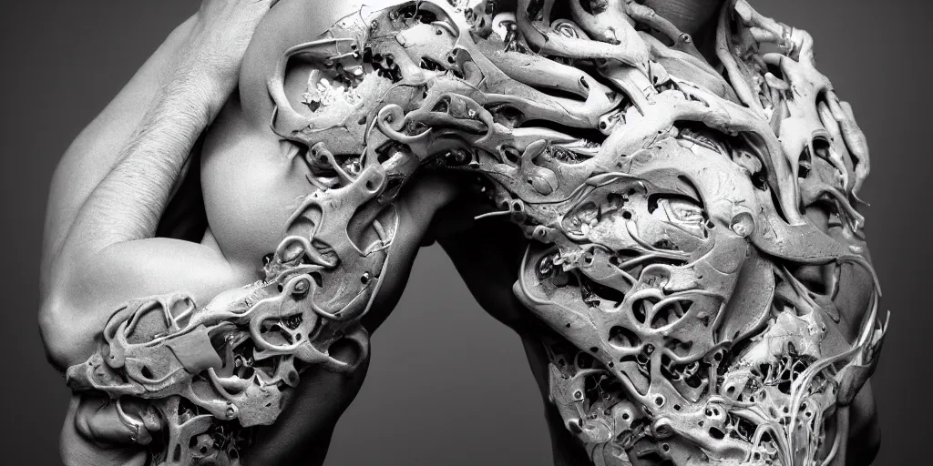 Image similar to hyper realistic photography of a stunningly beautiful cyborg male, elbow, plated arm, intimate, holding close, in the style of beth cavener, jin kagetsu,, and wlop, highly detailed, intricate filigree, symmetry, masterpiece, award winning, sharp focus, concept art, highkey lighting, ambient lighting, octane render, 8 k, artstation