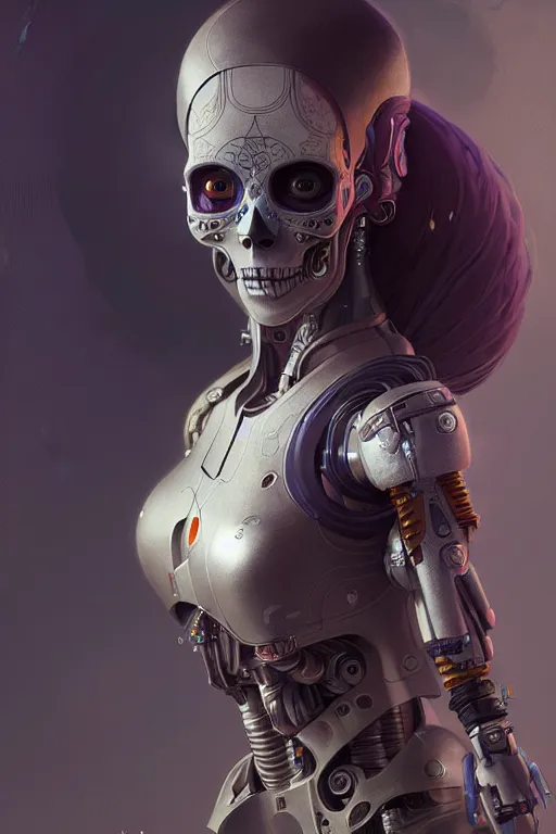 Image similar to ultra detailed Female Android, scifi, fantasy, octane render, (dia de los muertos), asymmetrical, intricate concept art, art by Godmachine and michael welan and DZO and greg rutkowski and alphonse mucha and loish and WLOP