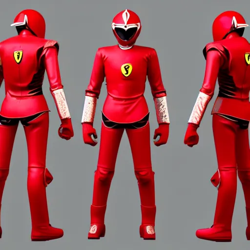 Image similar to Tokusatsu character based on Ferrari, red mechanical skinny body, chest plate with Ferrari logo, stylized motorcycle helmet, full body, unreal engine, 3D model