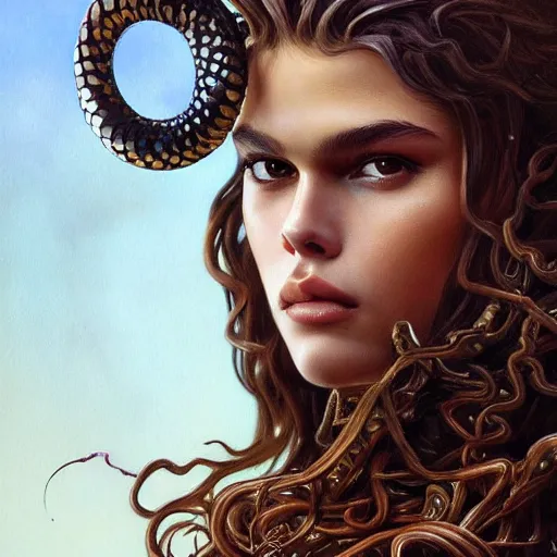 Prompt: Kaia Gerber as Medusa, frowning, scowl, snakes for hair, intricate, elegant, highly detailed, digital painting, artstation, concept art, smooth, sharp focus, illustration, art by artgerm and greg rutkowski and alphonse mucha