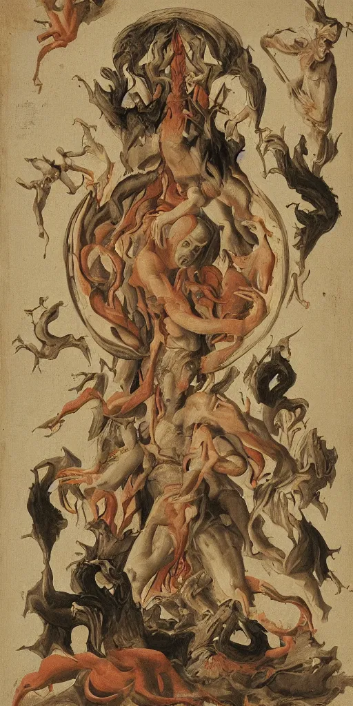 Image similar to a horror vacui depicting birth death God and the devil,