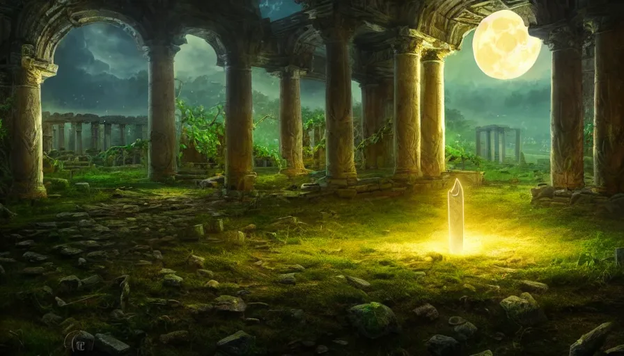 Image similar to a glowing gigantic sword in the floor in ancient ruins, vines, forest, hyperrealistic, highly detailed, cinematic, single ray of moon, beautiful, cgssociety, artstation, 8 k, oil painting