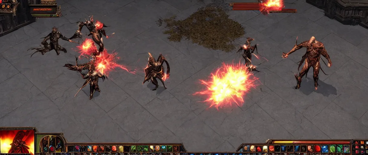 Image similar to path of exile, maven fight, resurrect in town