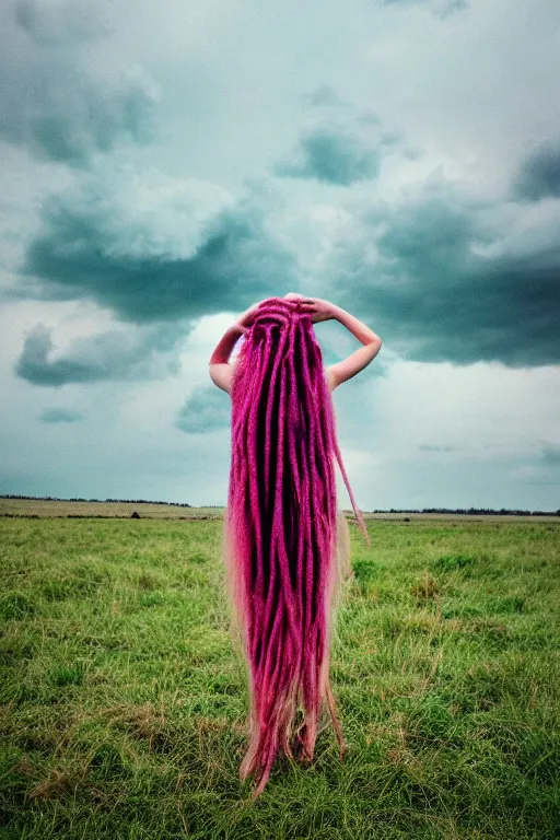 Prompt: kodak ultramax 4 0 0 photograph of a girl with long pink dreads standing in a field, stormy clouds, wicked clouds, big clouds, back view, grain, faded effect, vintage aesthetic,