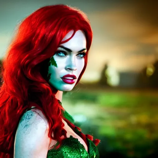 Image similar to stunning awe inspiring megan fox as poison ivy, movie still 8 k hdr atmospheric lighting