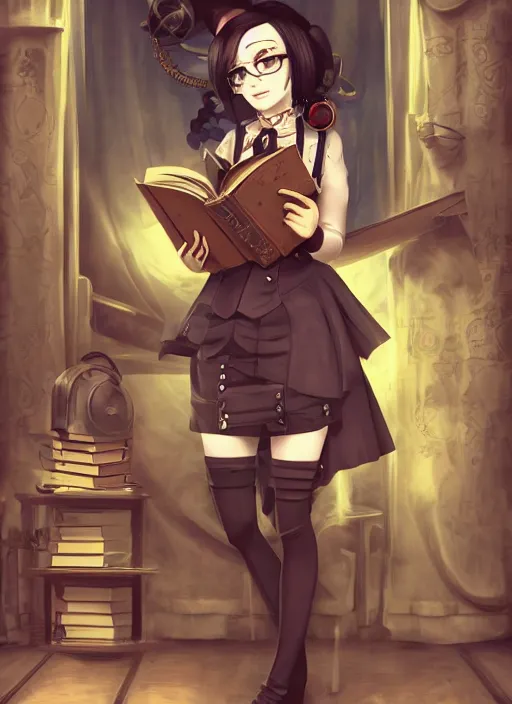 Image similar to a full shot of a steampunk female maid with a black bob hair style holding a stack of books, standing in a steampunk reading room. in a steampunk reading room. digital illustration, soft lighting lighting, 8K, anime, trending on ArtStation, digital art.