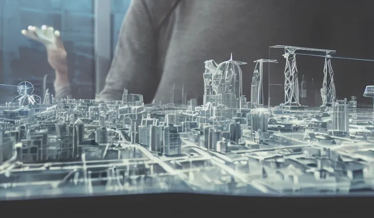 Image similar to crowd of people in simple white museum, looking at hologram of futuristic city on a table, cinematic concept art, godrays, golden hour, natural sunlight, 4 k, clear details, tabletop model buildings, center model buildings, hologram center, crane shot, crane shot, crane shot, white walls