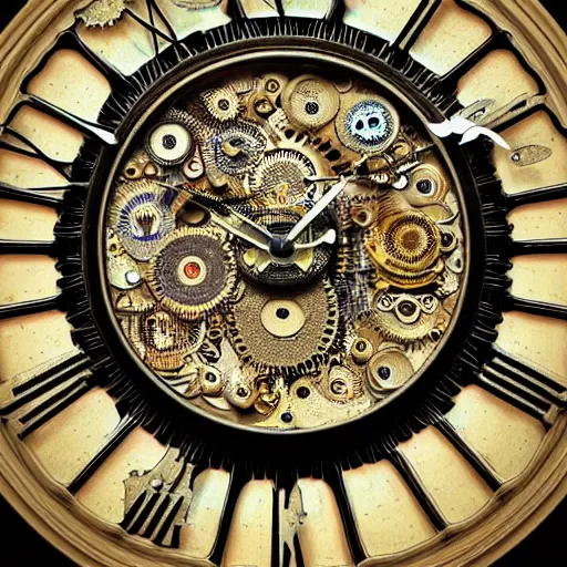 Prompt: a close up of a clock with many gears, a flemish baroque by takashi murakami, behance, kinetic art, steampunk, skeuomorphic, made of liquid metal a microscopic photo by ernst haeckel, zbrush central, kinetic pointillism, intricate patterns, photoillustration