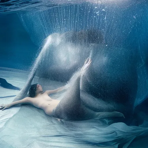 Prompt: underwater photo by national geographic and mort kunstler and annie leibovitz and monia merlo, a stunning blue whale completely covered in a long billowing flowing white sheet swimming through the ocean, backlit, 4 d, 4 k, volumetric lighting, photorealistic, light ray, hyperdetailed