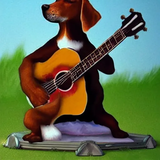 Image similar to dog playing a guitar, cool, rad, amazing, realistic