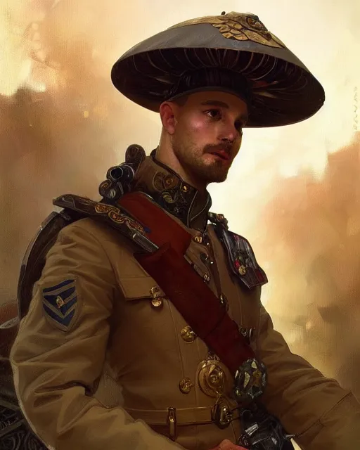 Image similar to portrait of a mushroom wearing a formal military outfit, science fantasy painting, elegant intricate digital painting artstation, greg rutkowski and alphonse mucha, detailed