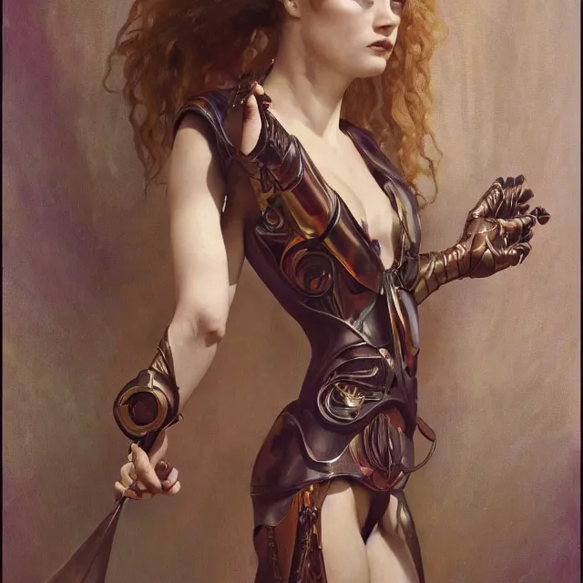 Image similar to sadie sink domme mistress, full body, dominatrix, tribal, smooth white tight clothes suit, ornate, very beautiful, concept art, realistic painting, androgynous, afrofuturism, daz 3 d, cinematic, cgsociety, digital art by greg rutkowski, by alphonse mucha