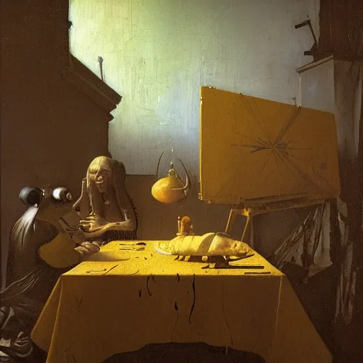 Image similar to aliens illustrated by johannes vermeer, greg rutkowski, gaston bussiere, van gogh, davinci, and zdzisław beksinski, award - winning, cgsociety contest winner