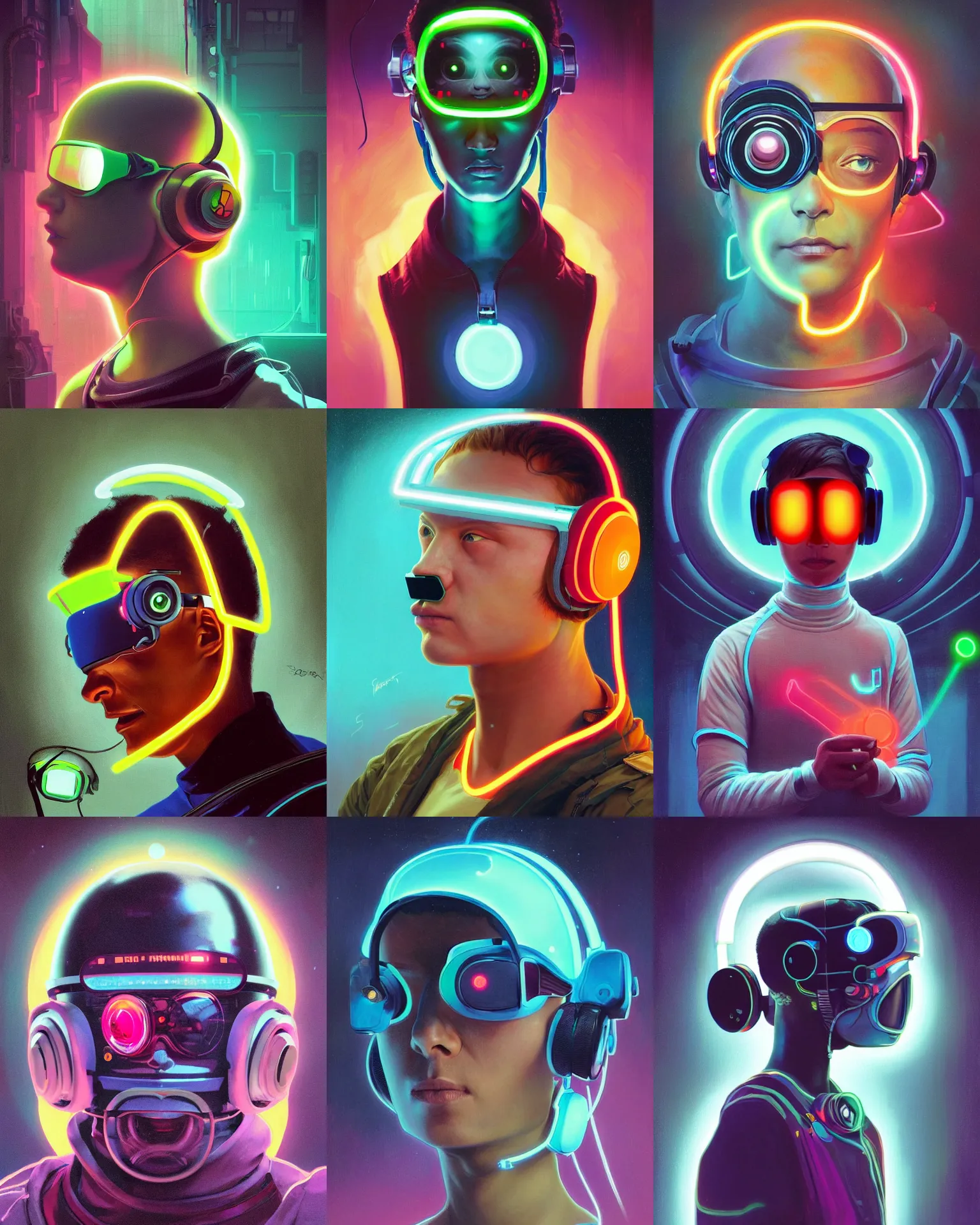 Prompt: future coder looking on, la forge cyclops eye visor and sleek neon headphones, neon accents, rim lighting, desaturated headshot portrait painting by dean cornwall, ilya repin, rhads, tom whalen, alex grey, alphonse mucha, donoto giancola, astronaut cyberpunk electric fashion photography