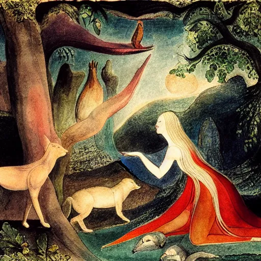 Image similar to by william blake harrowing. a beautiful installation art of princess aurora singing in the woods while surrounded by animals. she looks so peaceful & content in the company of the animals, & the colors are simply gorgeous.