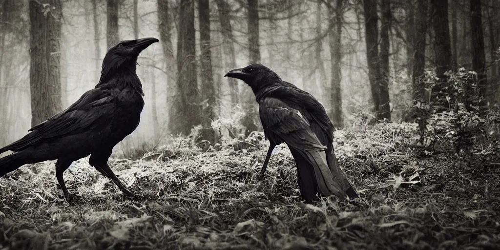 Prompt: mixture between an!! crow and! wolf, photograph captured in a dark forest