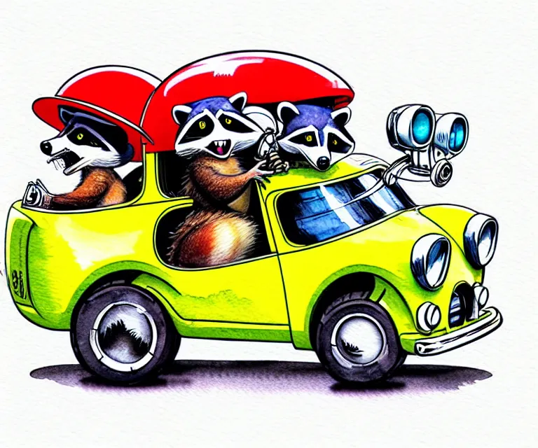 Image similar to cute and funny, racoon wearing a helmet riding in a tiny hot rod coupe with oversized engine, ratfink style by ed roth, centered award winning watercolor pen illustration, isometric illustration by chihiro iwasaki, edited by range murata