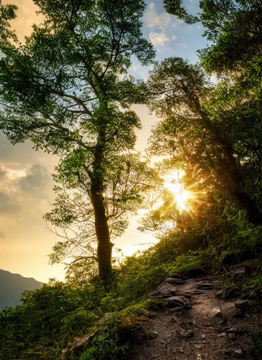 Image similar to a 2 8 mm macro photo of a winding hiking trail in the mountains, fluffy clouds at sunset, lush greenery, splash art, movie still, bokeh, canon 5 0 mm, cinematic lighting, dramatic, film, photography, golden hour, depth of field, award - winning, anamorphic lens flare, 8 k, hyper detailed, 3 5 mm film grain, hazy