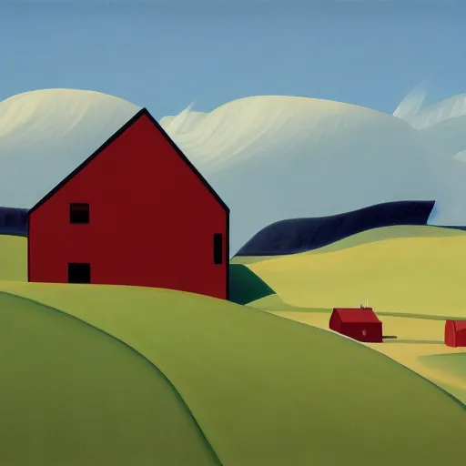 Image similar to dreaming futuristic rural landscape with modern houses, painted by Alex Katz and Edward Hopper, airbrush, highly detailed