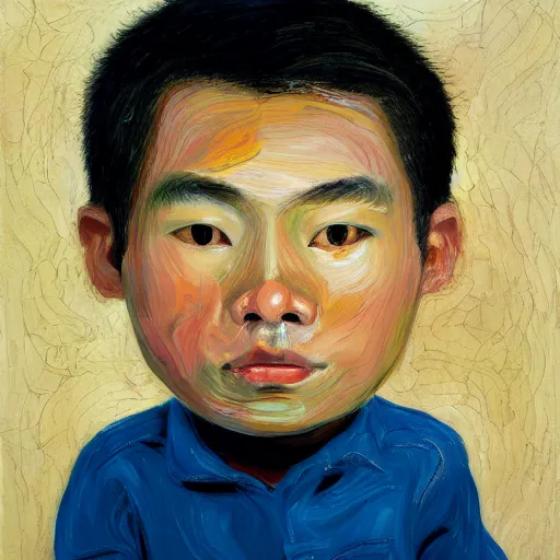 Image similar to detailed portrait of a modern, young confident southeast asian american young man, large eyes, round cheeks, tanned skin, medium length hair in the style of lucian freud, francis bacon, john chamberlain, willem de kooning, andreas franke, jean giraud, rob gonsalves, james gurney, james jean, ruan jia, gustav klimt