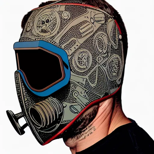 Image similar to portrait of a male with a vintage diver mask intricate details mask in side profile by MARVEL comics and Sandra Chevrier