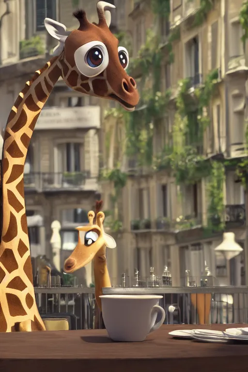 Image similar to a giraffe with big eyes looking for a cup of coffee in beautiful morning café in Paris. Pixar Disney 4K 3d render funny animation movie Oscar winning trending on ArtStation and Behance. Ratatouille style.