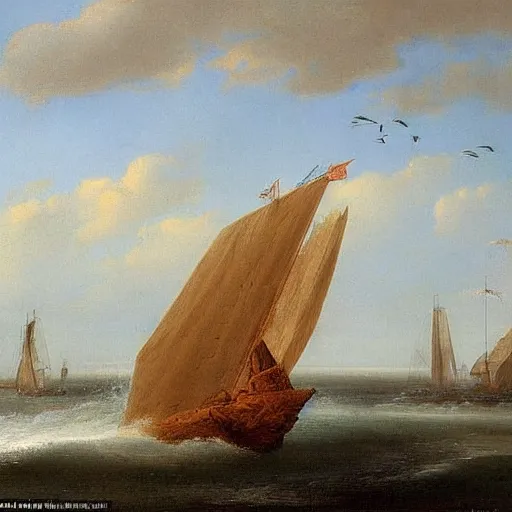 Prompt: A coast with sand and small rocks with a blue sky and a troubled sea and an old sailing ship on the horizon and in the sky is a flock of birds flying southwards, painted in oil colours, in the style of Frants Landt