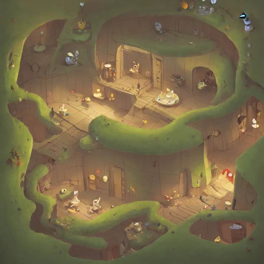 Image similar to Goro Fujita illustrating View of the house of an underground rabbit, with all the labyrinths that communicate with each other, art by Goro Fujita, ArtStation