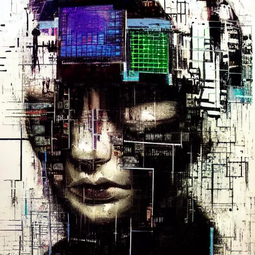 Image similar to portrait of a hooded character wearing a cyberpunk visor, mysterious, shadows, by Guy Denning, by Johannes Itten, by Russ Mills, glitch art, hacking effects, chromatic, color blocking, oil on canvas, concept art, abstract