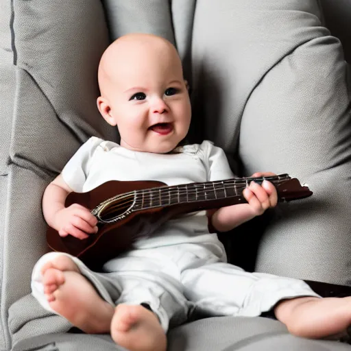 Image similar to A photo a Bald, 6 month old Baby boy, playing an over sized guitar while sitting in a lazy boy recliner. 50mm lens, f1.8