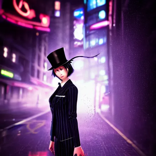 Image similar to beautiful anime woman, pinstripe suit, top hat, cyberpunk background, rendered in octane, unreal engine, raining, highly detailed, trending on artstation, realistic, neon