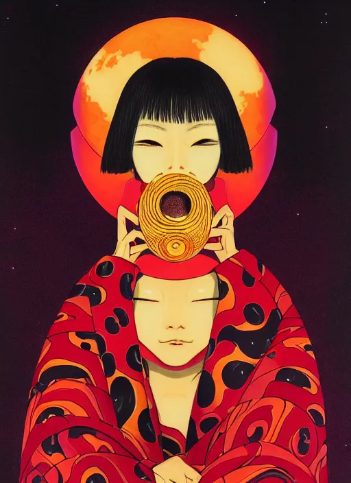 Image similar to portrait of a woman with a mask on his face in the form of a spiral in a golden kimono, full face, against the background of a bright red moon, sad motif, by hisashi eguchi, kentaro miura, and yoshitaka amano, soft colors, futuristic, 8 k